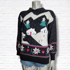Vintage Barbra Sue Tacky Christmas Holiday Collar Knit Sweater Size S/M